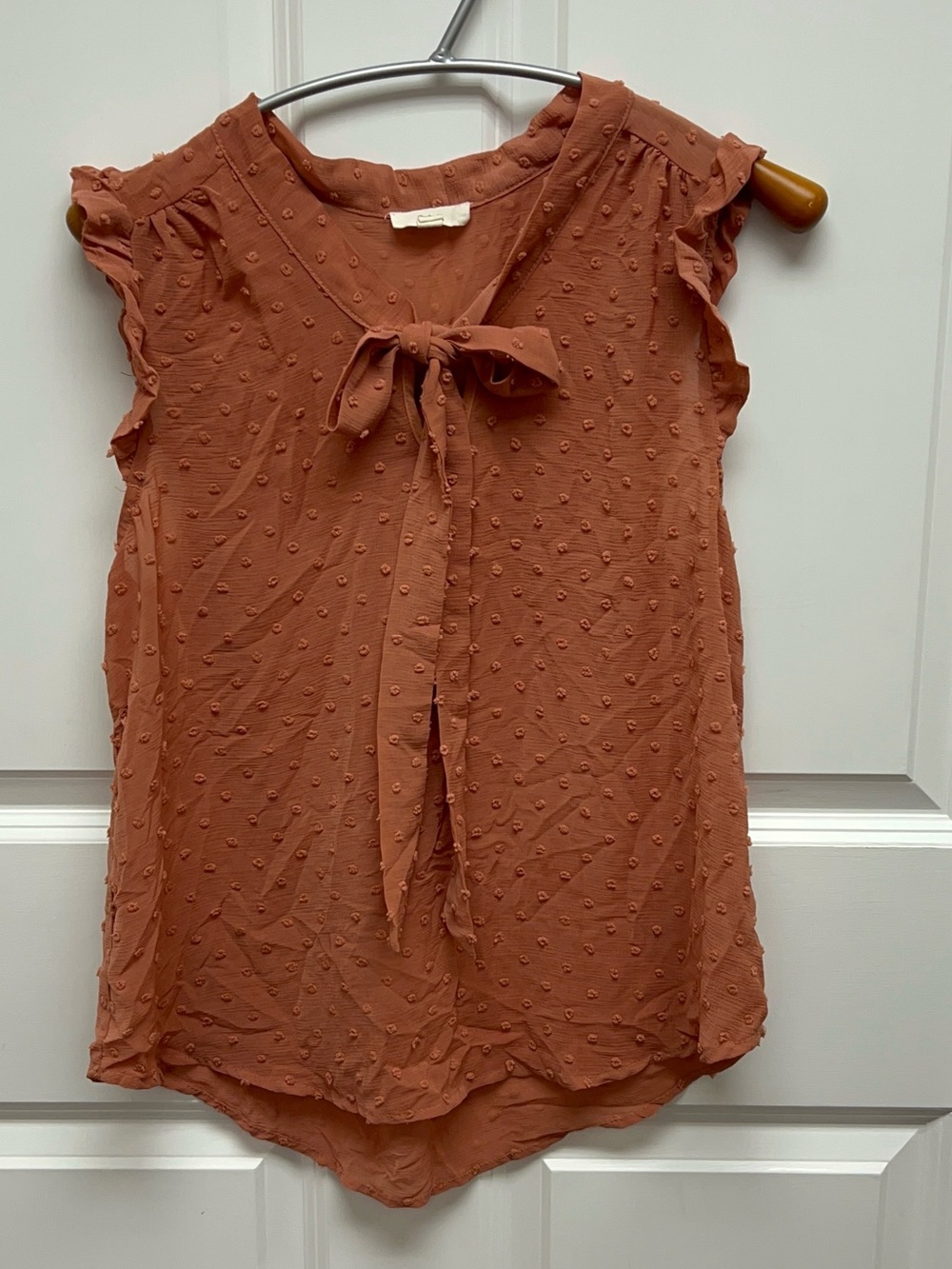 Peach E&M Emma & Michele blouse with Swiss dot and bow neck Size medium